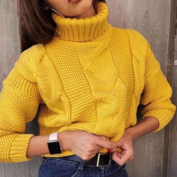 Rouge! Sweaters - Cable Knit Yellow Turtle Neck Sweater